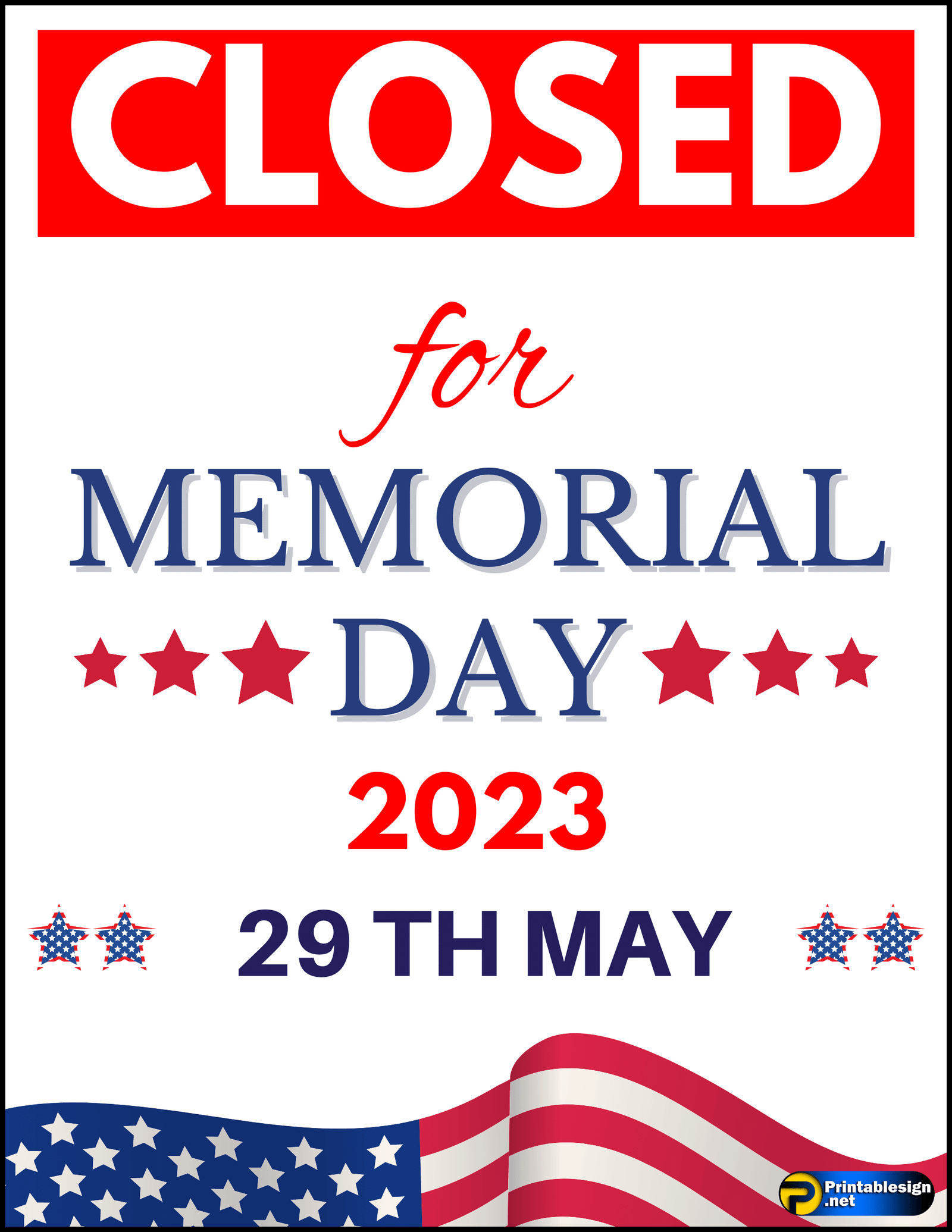 Closed For Memorial Day Signs FREE Download