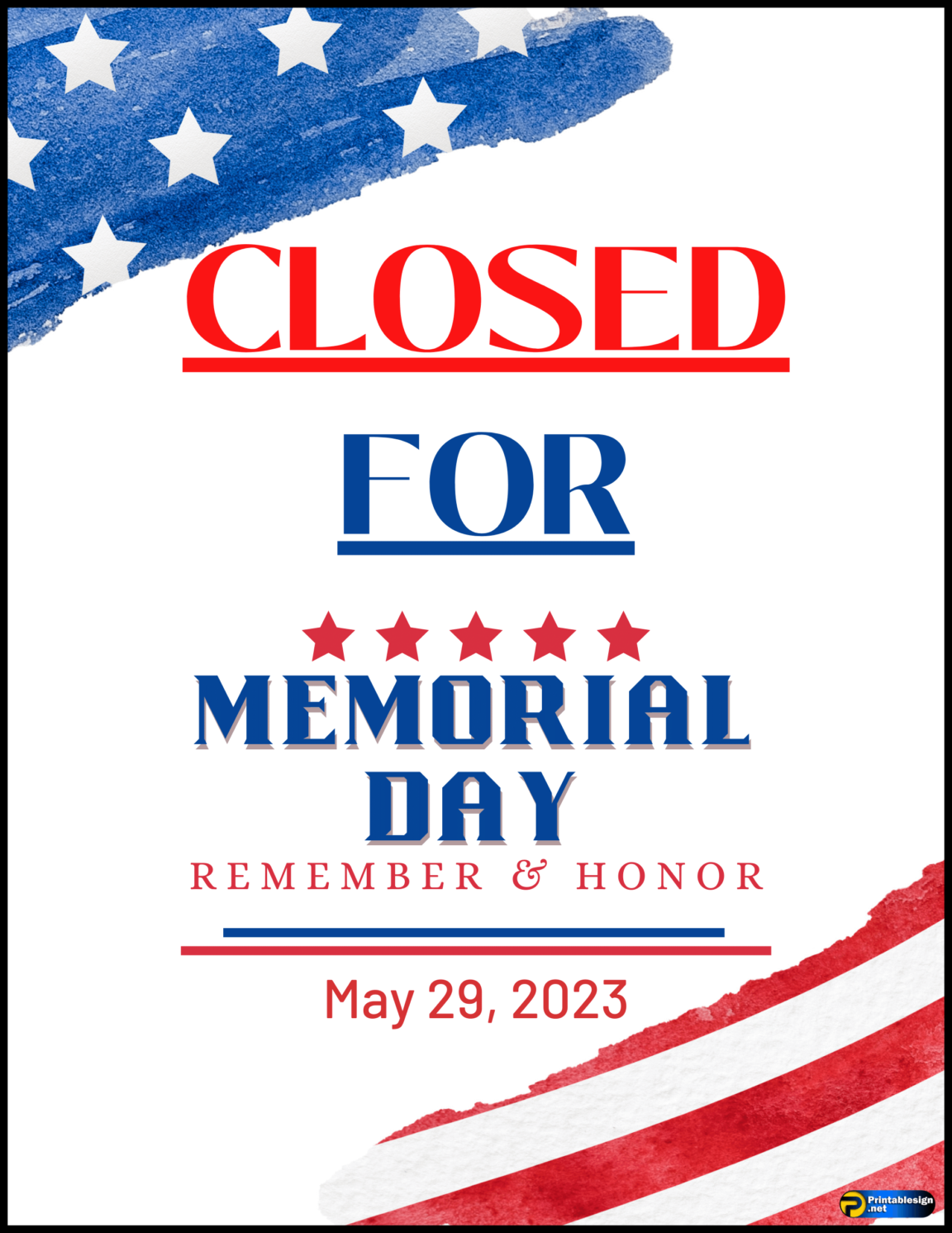 Closed For Memorial Day Sign 1152x1491 