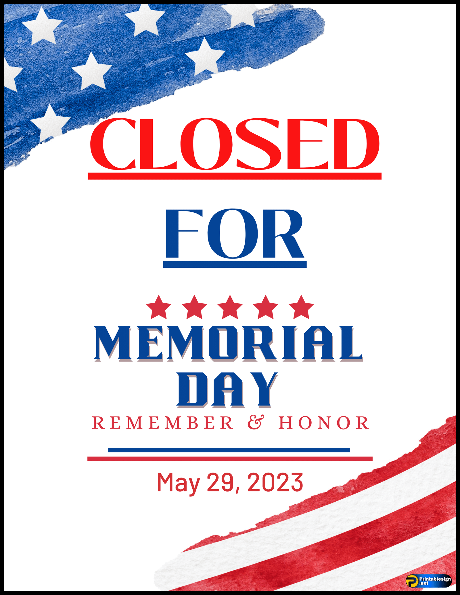 Printable Memorial Day Closed Sign 2025