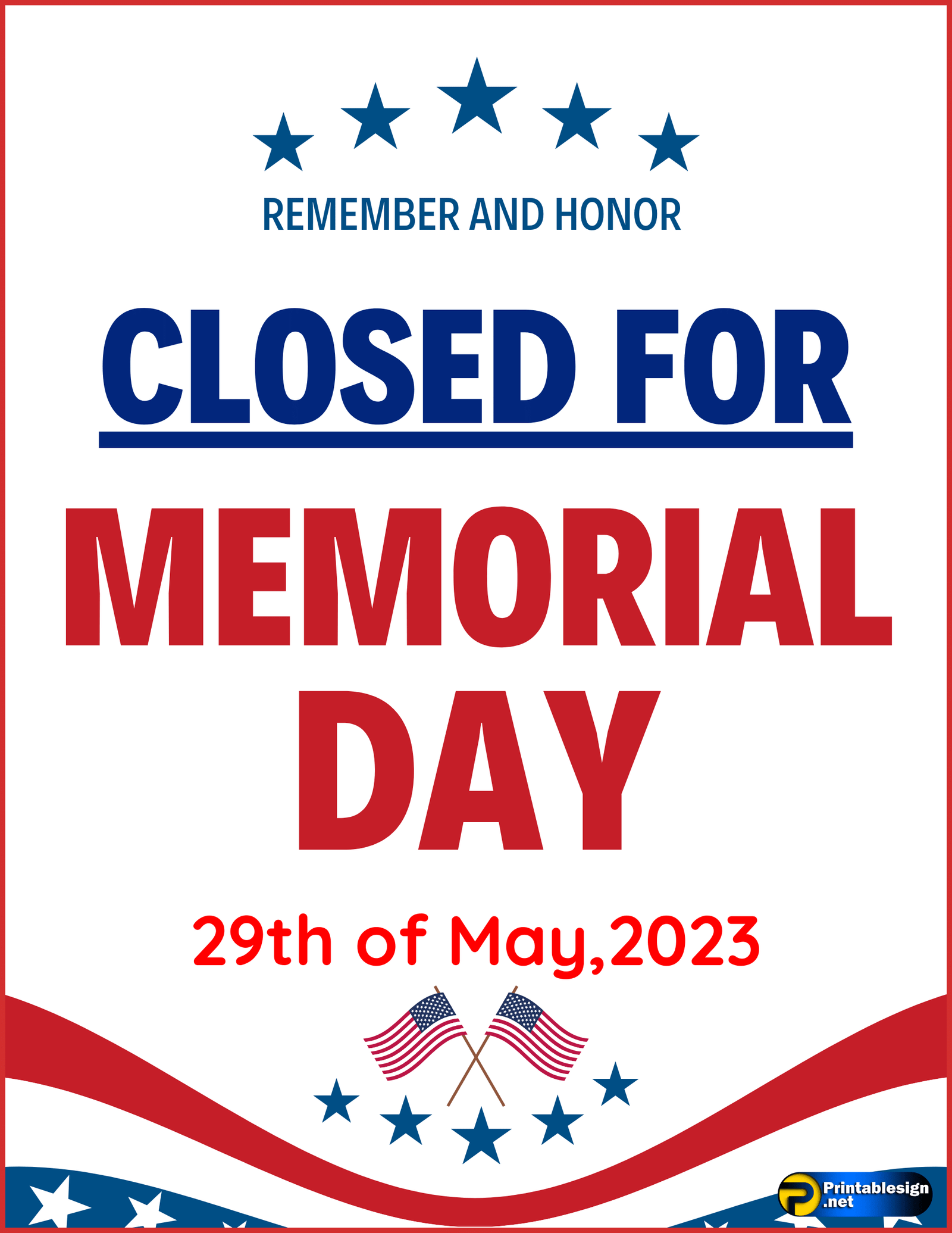 Closed For The Memorial Day Sign FREE Download